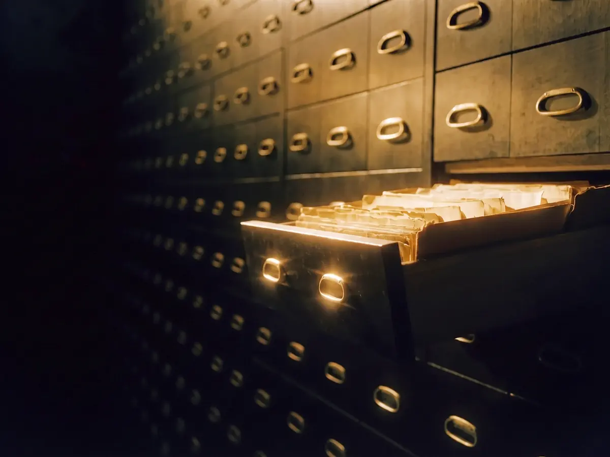 A wall of metal archive filing drawers with one drawer open, a light resting on its rows of aged document folders